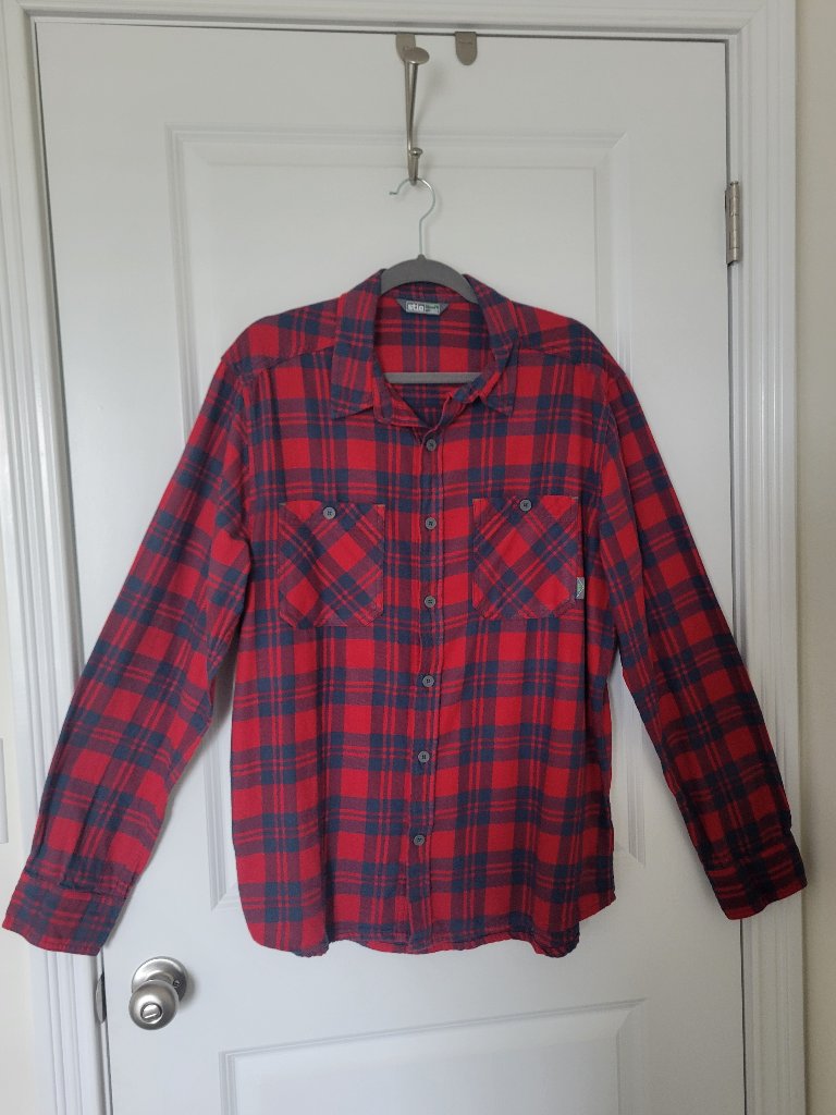 Stio Shirt Men Large L Blue Red Flannel Plaid Outdoors Cotton Button Up